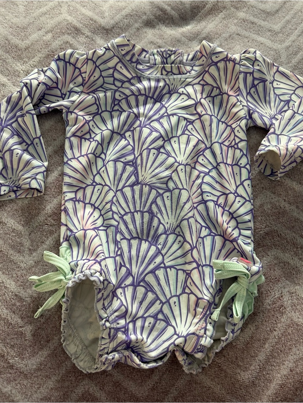 RuffleButts Long-Sleeve Kids One-Piece Swimsuit purple Shell Print Sz 12-18m
